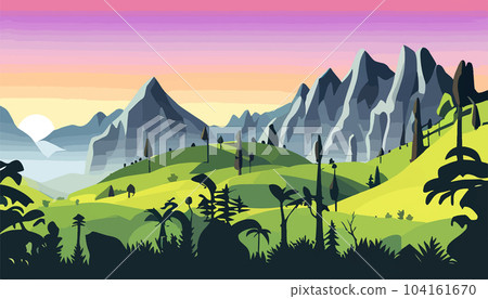 Mountain forests with autumn pines, forest clearing with grassy patches and dreamy cloud cover, beautiful vast untouched spring landscape 104161670