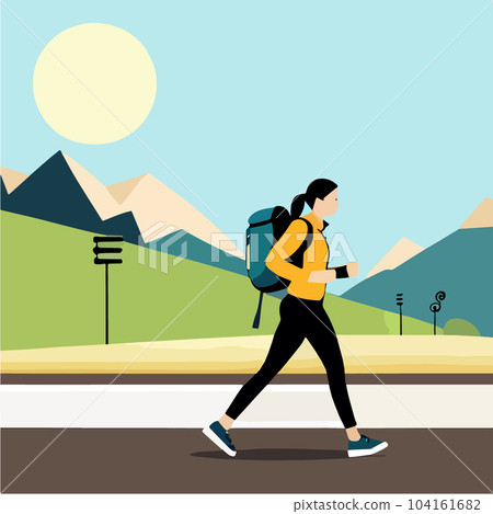 Woman against backdrop mountain looking. Travel concept discovering, exploring Woman against backdrop mountain looking. Travel concept discovering, exploring 104161682