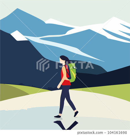 Woman tourist with backpack climbs to top mountain, looks into distance 104161698