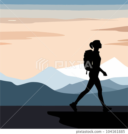 Woman tourist with backpack climbs to top mountain, looks into distance 104161885