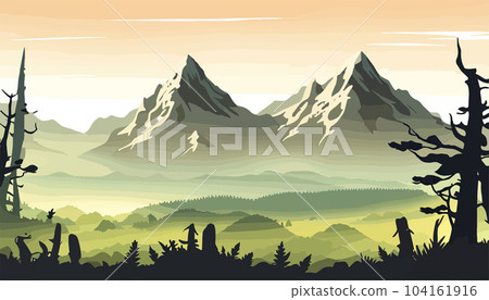 Mountain forests with autumn pines, forest clearing with grassy patches and dreamy cloud cover, beautiful vast untouched spring landscape 104161916