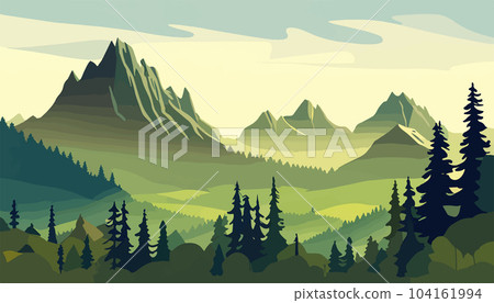 Mountain forests with autumn pines, forest clearing with grassy patches and dreamy cloud cover, beautiful vast untouched spring landscape 104161994