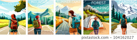 woman with a backpack to travel. illustration vertical poster with text. background illustration. camping with mountains and forest in the background 104162027