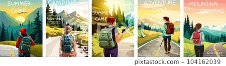 woman with a backpack to travel. illustration vertical poster with text. background illustration. camping with mountains and forest in the background woman with a backpack to travel. illustration vertical poster with text. background illustration. camping with mountains and forest in the background 104162039