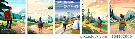 woman with a backpack to travel. illustration vertical poster with text. background illustration. camping with mountains and forest in the background woman with a backpack to travel. illustration vertical poster with text. background illustration. camping with mountains and forest in the background 104162060