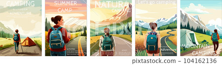 woman with a backpack to travel. illustration vertical poster with text. background illustration. camping with mountains and forest in the background 104162136
