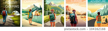 woman with a backpack to travel. illustration vertical poster with text. background illustration. camping with mountains and forest in the background woman with a backpack to travel. illustration vertical poster with text. background illustration. camping with mountains and forest in the background 104162188