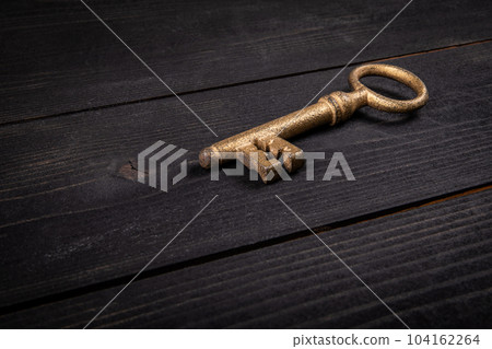 Concept of success. Gilded antique key on dark wood texture background. Close up Concept of success. Gilded antique key on dark wood texture background. Close up 104162264
