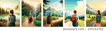 Beautiful design with a sense of travel. A young woman with a backpack inspects the surroundings. vertical illustration on a camping theme. Branding that travels. Beautiful design with a sense of travel. A young woman with a backpack inspects the surroundings. vertical illustration on a camping theme. Branding that travels. 104162302