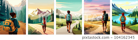 Beautiful design with a sense of travel. A young woman with a backpack inspects the surroundings. vertical illustration on a camping theme. Branding that travels. 104162345