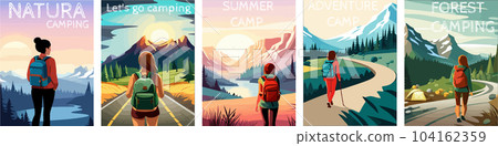 woman with a backpack to travel. illustration vertical poster with text. background illustration. camping with mountains and forest in the background 104162359