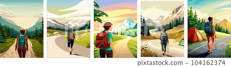 Beautiful design with a sense of travel. A young woman with a backpack inspects the surroundings. vertical illustration on a camping theme. Branding that travels. Beautiful design with a sense of travel. A young woman with a backpack inspects the surroundings. vertical illustration on a camping theme. Branding that travels. 104162374