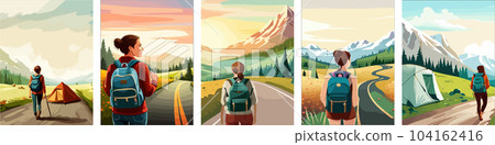 Beautiful design with a sense of travel. A young woman with a backpack inspects the surroundings. vertical illustration on a camping theme. Branding that travels. Beautiful design with a sense of travel. A young woman with a backpack inspects the surroundings. vertical illustration on a camping theme. Branding that travels. 104162416