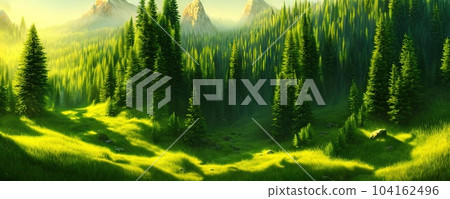 Spruce trees forest summer background against the backdrop of a mountain range in the morning golden hour with sun rays, panorama of wildlife forest in the Green Valley with blue sky Spruce trees forest summer background against the backdrop of a mountain range in the morning golden hour with sun rays, panorama of wildlife forest in the Green Valley with blue sky 104162496