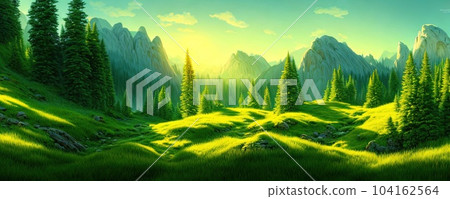 Spruce trees forest summer background against the backdrop of a mountain range in the morning golden hour with sun rays, panorama of wildlife forest in the Green Valley with blue sky Spruce trees forest summer background against the backdrop of a mountain range in the morning golden hour with sun rays, panorama of wildlife forest in the Green Valley with blue sky 104162564