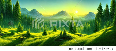 Spruce trees forest summer background against the backdrop of a mountain range in the morning golden hour with sun rays, panorama of wildlife forest in the Green Valley with blue sky Spruce trees forest summer background against the backdrop of a mountain range in the morning golden hour with sun rays, panorama of wildlife forest in the Green Valley with blue sky 104162605