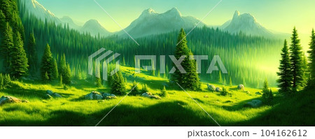 Spruce trees forest summer background against the backdrop of a mountain range in the morning golden hour with sun rays, panorama of wildlife forest in the Green Valley with blue sky Spruce trees forest summer background against the backdrop of a mountain range in the morning golden hour with sun rays, panorama of wildlife forest in the Green Valley with blue sky 104162612