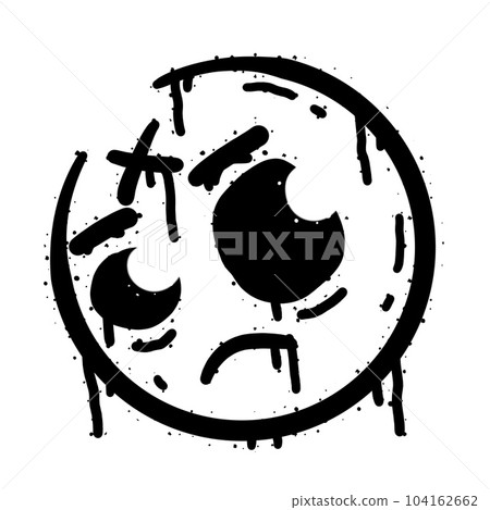 Graffiti grunge face. Cartoon aerosol fun expression. Spray funky paint art with leak and dot. Street art and urban vandalism symbol. Black grungy spill character isolated on white 104162662