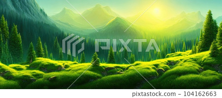 Spruce trees forest summer background against the backdrop of a mountain range in the morning golden hour with sun rays, panorama of wildlife forest in the Green Valley with blue sky 104162663