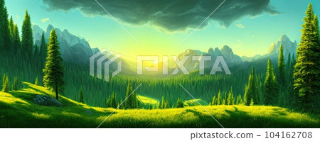 Spruce trees forest summer background against the backdrop of a mountain range in the morning golden hour with sun rays, panorama of wildlife forest in the Green Valley with blue sky Spruce trees forest summer background against the backdrop of a mountain range in the morning golden hour with sun rays, panorama of wildlife forest in the Green Valley with blue sky 104162708