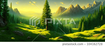 Spruce trees forest summer background against the backdrop of a mountain range in the morning golden hour with sun rays, panorama of wildlife forest in the Green Valley with blue sky Spruce trees forest summer background against the backdrop of a mountain range in the morning golden hour with sun rays, panorama of wildlife forest in the Green Valley with blue sky 104162728