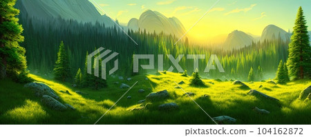 Spruce trees forest summer background against the backdrop of a mountain range in the morning golden hour with sun rays, panorama of wildlife forest in the Green Valley with blue sky Spruce trees forest summer background against the backdrop of a mountain range in the morning golden hour with sun rays, panorama of wildlife forest in the Green Valley with blue sky 104162872