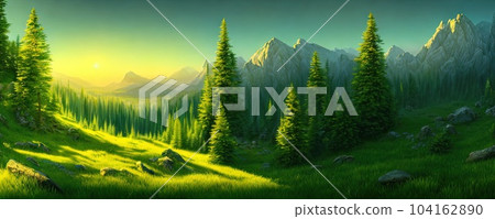 Spruce trees forest summer background against the backdrop of a mountain range in the morning golden hour with sun rays, panorama of wildlife forest in the Green Valley with blue sky 104162890
