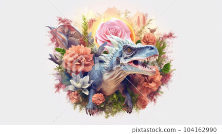 a tyrannosaurus rex dinosaur 3d with flower colorful 104162990