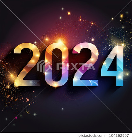 Happy New Year 2024. Golden numbers on a colorful background with glittering Happy New Year 2024. Golden numbers on a colorful background with glittering 104162997