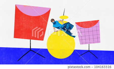 Stylish, artistic, expressive young man making creative art performance. Contemporary art collage. 104163316