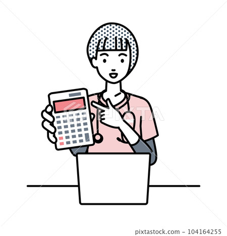 一位女護士坐在她的辦公桌前,打開她的筆記本電腦,指著一個計算器並向我們展示 一位女護士坐在她的辦公桌前,打開她的筆記本電腦,指著一個計算器並向我們展示 104164255