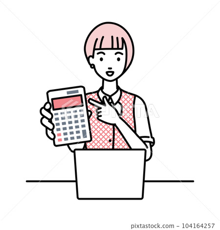 一位身穿文員制服的女士坐在她的辦公桌前,打開她的筆記本電腦,指著一個計算器,給我看 一位身穿文員制服的女士坐在她的辦公桌前,打開她的筆記本電腦,指著一個計算器,給我看 104164257