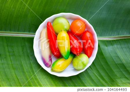 Fruit shaped of mung beans dessert (Kanom Look Choup). Thai Dessert 104164493