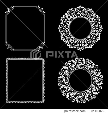 Set of decorative frames Elegant vector element for design in Eastern style, place for text. Floral black and white borders. Lace illustration for invitations and greeting cards. 104164639