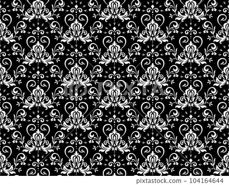 Wallpaper in the style of Baroque. Seamless vector background. White and black floral ornament. Graphic pattern for fabric, wallpaper, packaging. Ornate Damask flower ornament Wallpaper in the style of Baroque. Seamless vector background. White and black floral ornament. Graphic pattern for fabric, wallpaper, packaging. Ornate Damask flower ornament 104164644