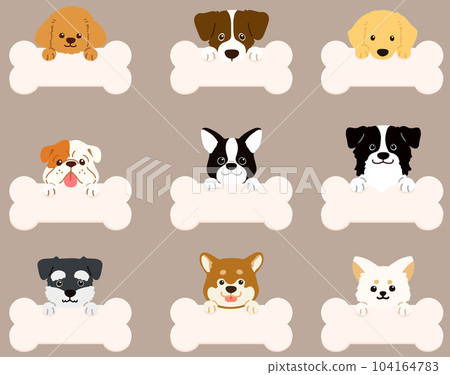 Hand-drawn illustration set of various dog faces with bone-shaped notes With front paws No main lines 104164783