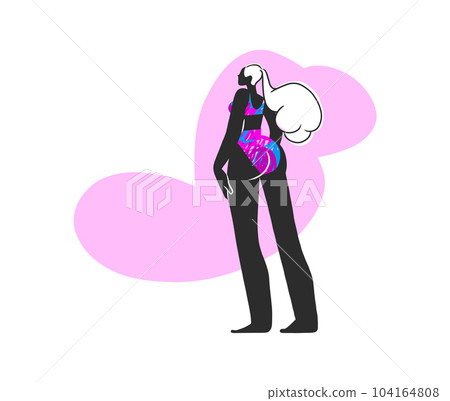 Hand drawn abstract trendy woman in swimwear isolated.Trendy abstract illustration of a vector woman with a beautiful body in a swimsuit on the beach.Cartoon minimalistic summer time female figure. 104164808