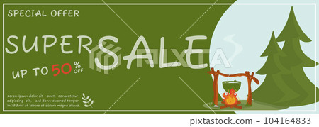 An advertising banner with an image of a camping site. Summer camping, travel, trip, hiking, tourist, nature, travel, picnic concept. Vector illustration for a poster, banner, leaflet, cover. 104164833