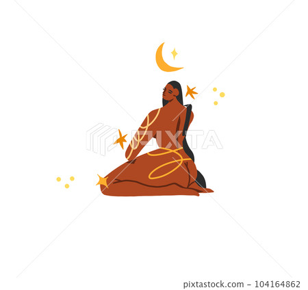 Hand drawn vector abstract modern cartoon illustration of young boho female character with abstract moon and stars in simple style.Modern woman design.Feminine nature concept art .Boho woman concept. Hand drawn vector abstract modern cartoon illustration of young boho female character with abstract moon and stars in simple style.Modern woman design.Feminine nature concept art .Boho woman concept. 104164862