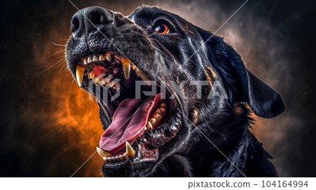 portrait of an aggressive large black attacking dog, made with Generative AI 104164994
