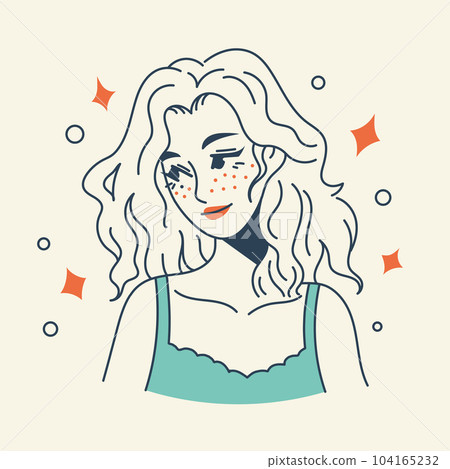 Fashionable flat vector illustration of a girl with freckles and curly hair. 104165232