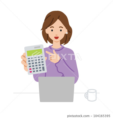 A woman in a sweatshirt sitting at her desk with her laptop open and pointing at a calculator pointing at you A woman in a sweatshirt sitting at her desk with her laptop open and pointing at a calculator pointing at you 104165395