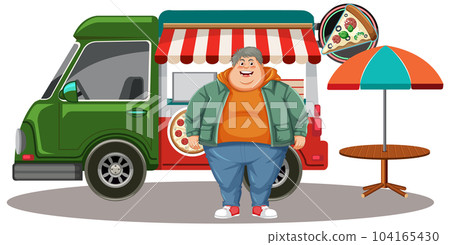 Overweight man in front of pizza truck 104165430