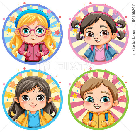 Set of cute children on circle sticker banner Set of cute children on circle sticker banner 104166247
