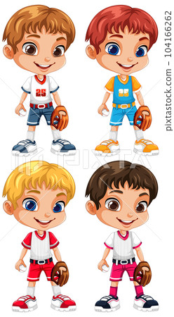Collection of different kids in baseball outfits 104166262