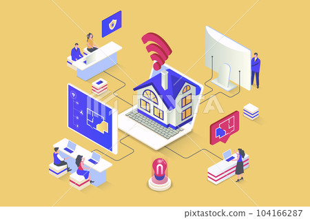 Smart home concept in 3d isometric design. Remote monitoring and control of security systems and other sensors in apartment or house. Illustration with isometry people scene for web graphic 104166287