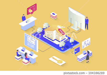 Real estate concept in 3d isometric design. Architectural agency makes blueprints, realtors sell apartments and houses to new owners. Illustration with isometry people scene for web graphic 104166289