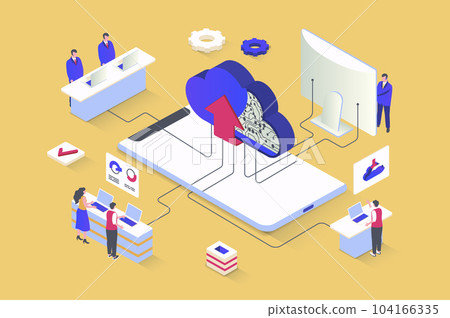 Cloud computing concept in 3d isometric design. Network computing technology, data storage and upload, secure access to database server. Illustration with isometry people scene for web graphic Cloud computing concept in 3d isometric design. Network computing technology, data storage and upload, secure access to database server. Illustration with isometry people scene for web graphic 104166335