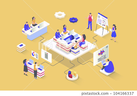 Business meeting concept in 3d isometric design. Colleagues work together at desk, discuss work tasks, make presentation, collaborate. Illustration with isometry people scene for web graphic 104166337