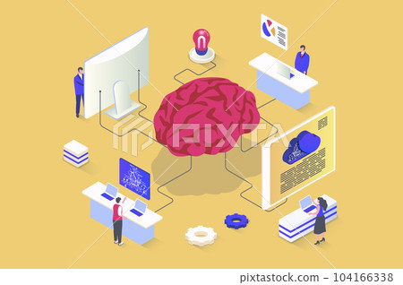 Brainstorming concept in 3d isometric design. Teamwork search for innovations and creative solutions, thinking and generating new ideas. Illustration with isometry people scene for web graphic 104166338
